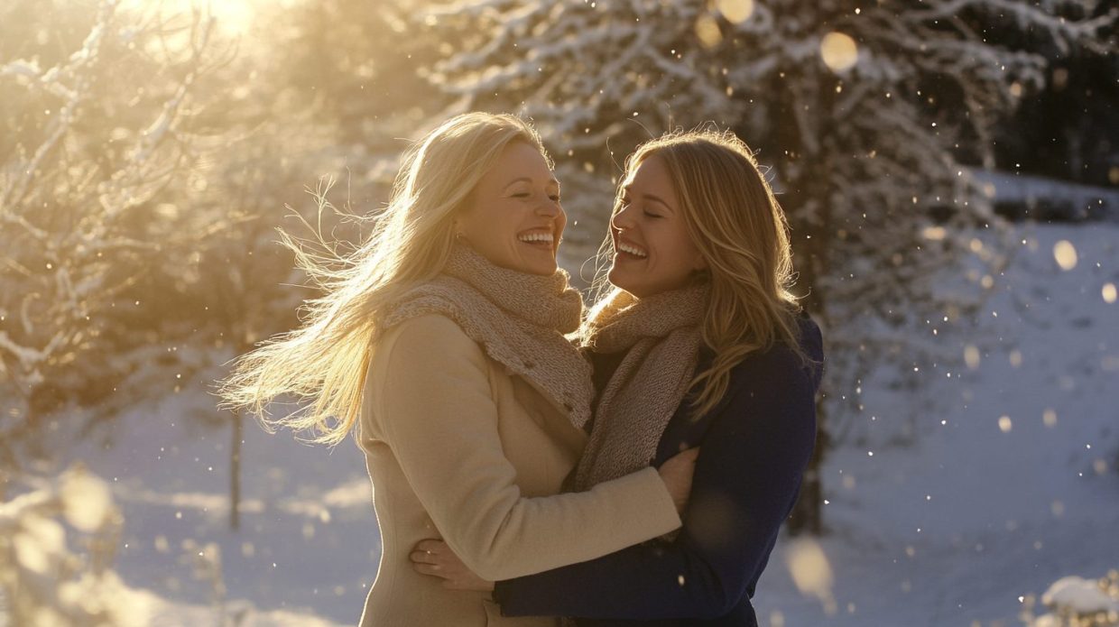 Verliebtes lesbisches Paar in harmonischer Winterlandschaft – ein Moment voller Freude und Zuneigung.