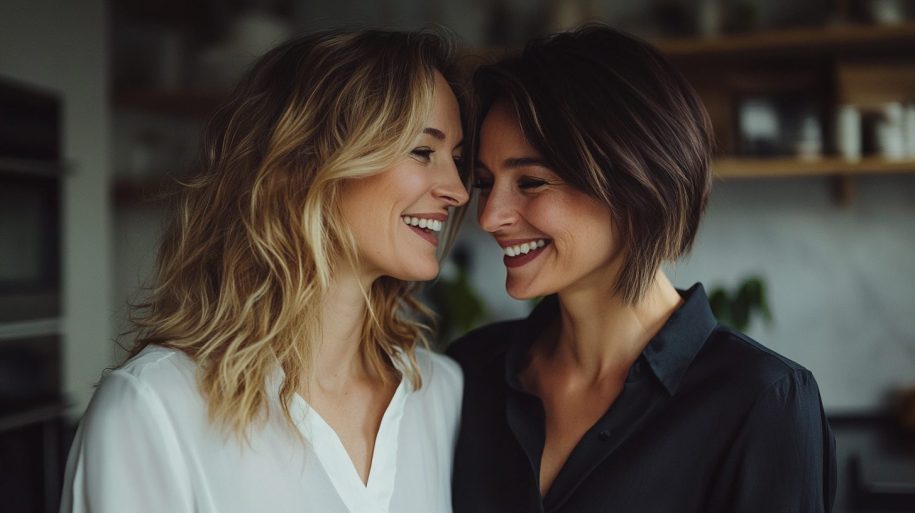 Zwei Frauen stehen Stirn an Stirn, lachen sich liebevoll an – eine mit blonden Wellen in weißer Bluse, die andere mit kurzem braunem Haar in dunkler Bluse, innige Stimmung in einem modernen Zuhause.