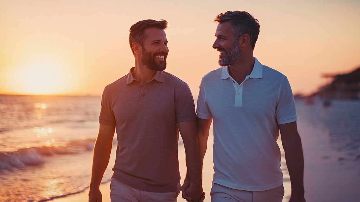 Zwei glückliche homosexuelle Männer, Mitte 40, stehen zusammen und lachen sich an. Die Atmosphäre strahlt Liebe und Verbundenheit aus.