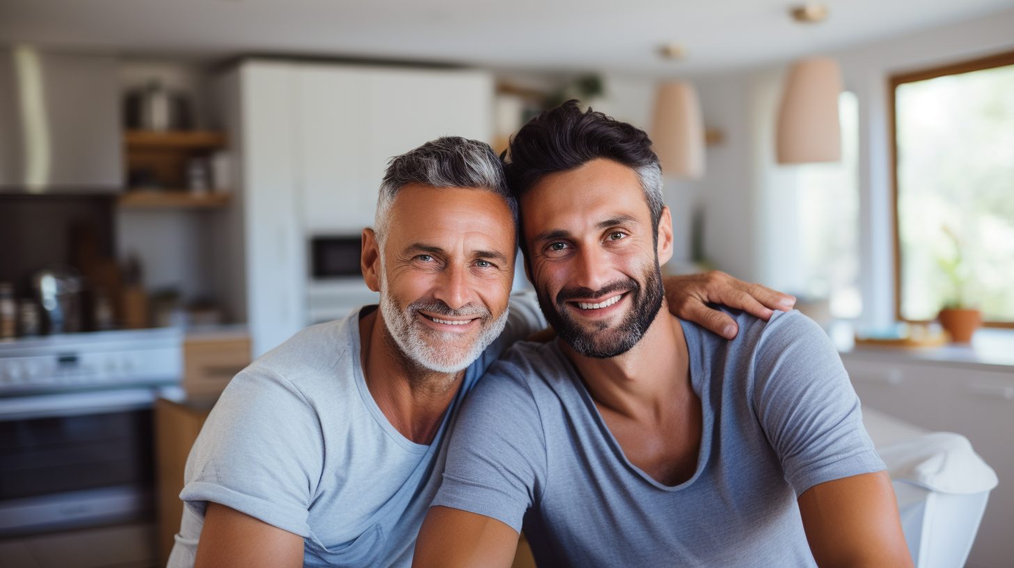 Glückliches schwules Paar in moderner Wohnung – PerfectDate homosexuelle Partnervermittlung