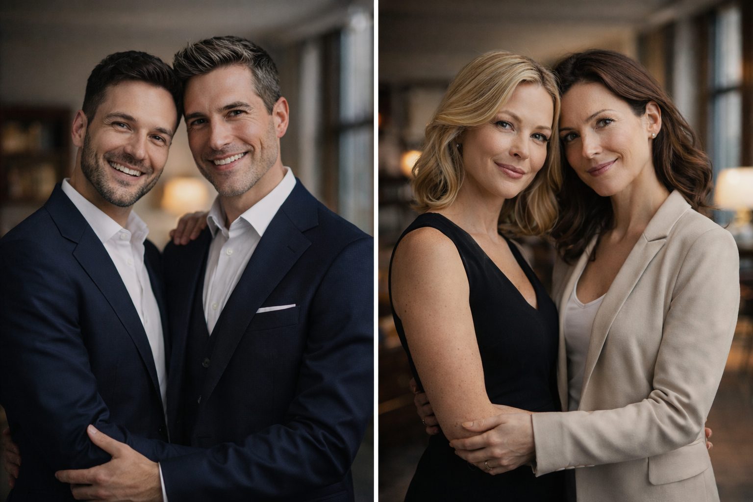 Attraktives schwules und lesbisches Paar in gehobenem Ambiente – Symbolbild für gleichgeschlechtliche Partnerschaften, Nähe und Beziehungsqualität.